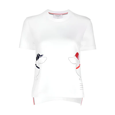 (Women) Thom Browne Chalk White Dog Embroidery Knit Textured Short Sleeve T-Shirt. FJS167EJ0058