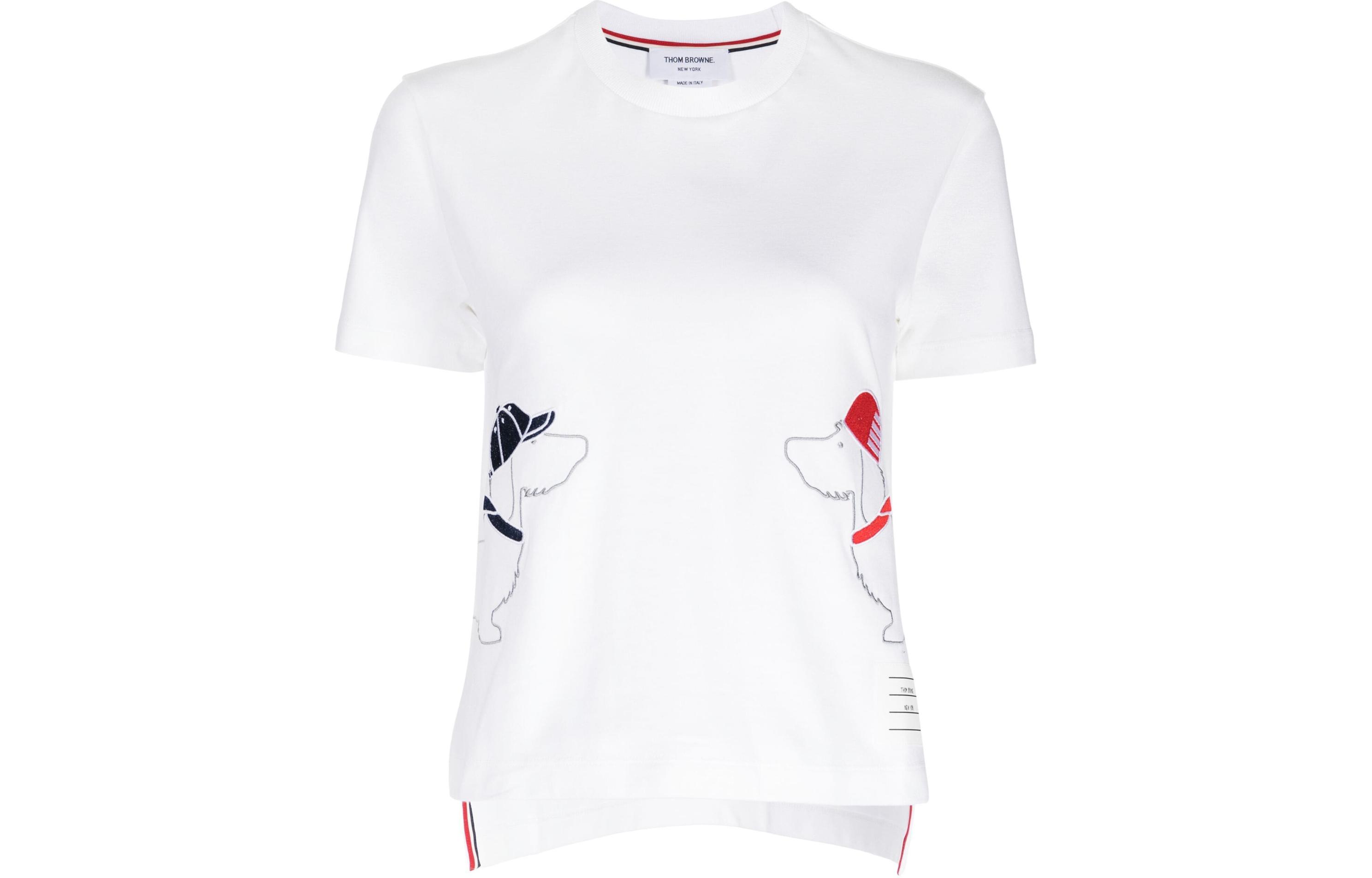 Order (W) Thom Browne 白色狗刺绣纹理针织短袖T恤 FJS167EJ0058