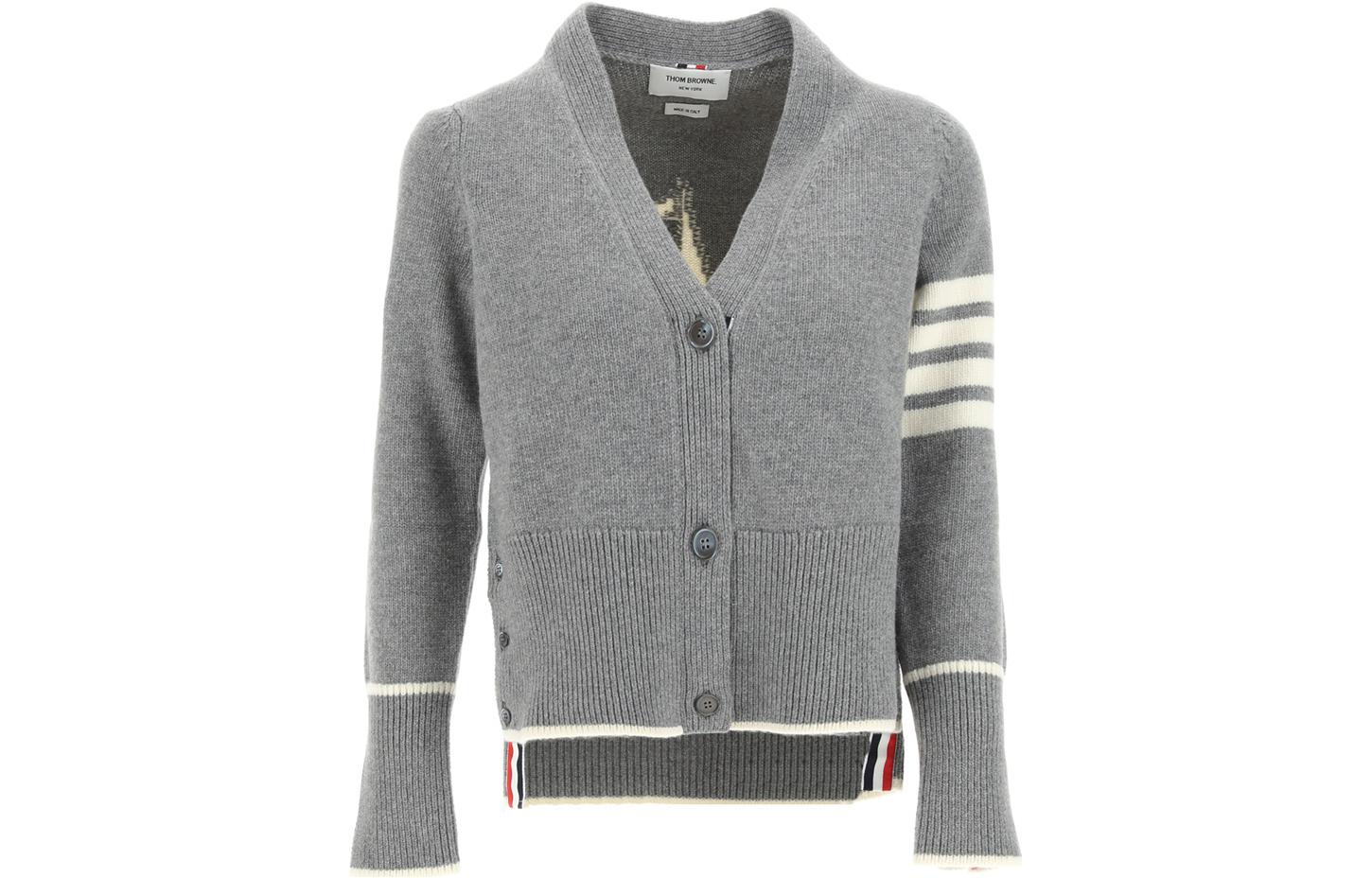 (Women) THOM BROWNE  Classic 4-Bar Grey V-Neck Cardigan Sweater Fall Winter. FKC520A-Y1029-055