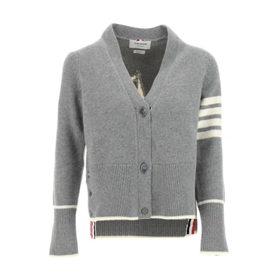 (Women) THOM BROWNE Classic 4-Bar Grey V-Neck Cardigan Sweater Fall Winter. FKC520A-Y1029-055