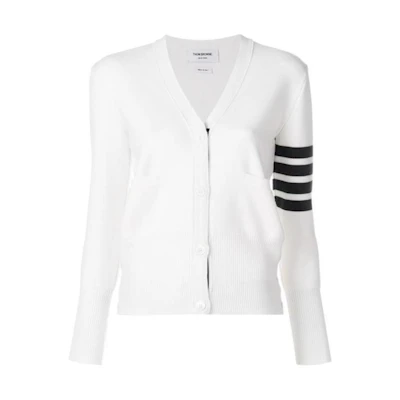 (Women) Thom Browne Classic 4-Bar V-Neck Cardigan Sweater White FKC207A-00014-BCS