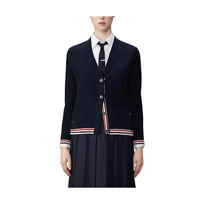 (Women) Thom Browne Classic Four-Bar Cardigan Navy Blue Sweater. FKC610A-Y1030-415