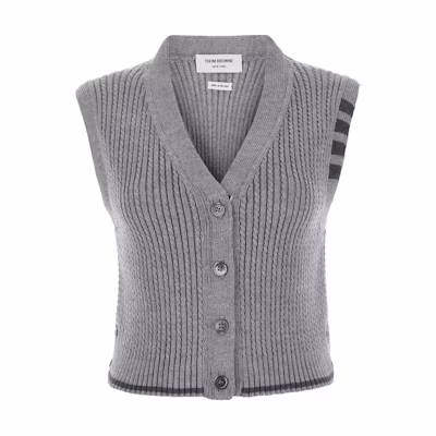 (Women) THOM BROWNE Gray V-neck Button Slim Fit Sleeveless Vest FKV195A-Y1024-055