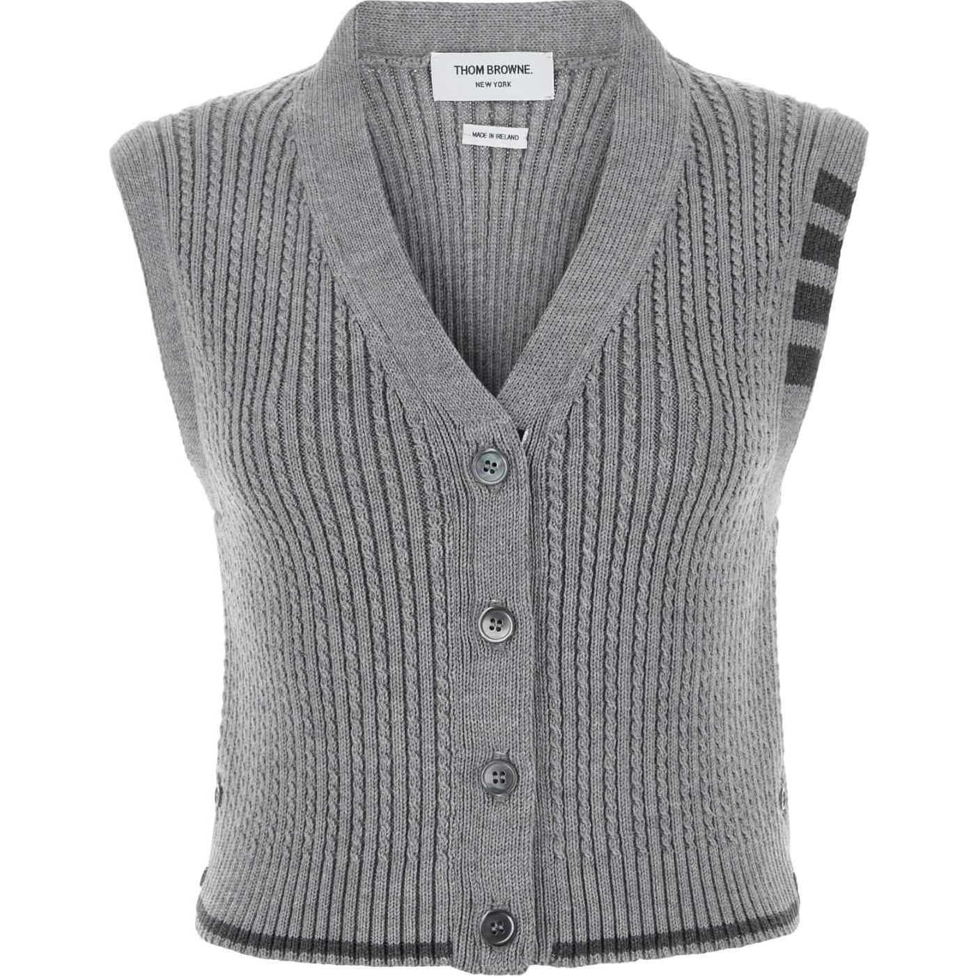 Order (Women) THOM BROWNE  Gray V-neck Button Slim Fit Sleeveless Vest FKV195A-Y1024-055