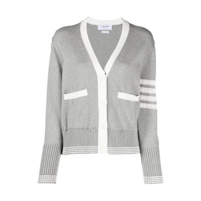 (Women) THOM BROWNE Gray V-Neck Stripe Knit Cardigan Sweater FKC568A-Y3017-055