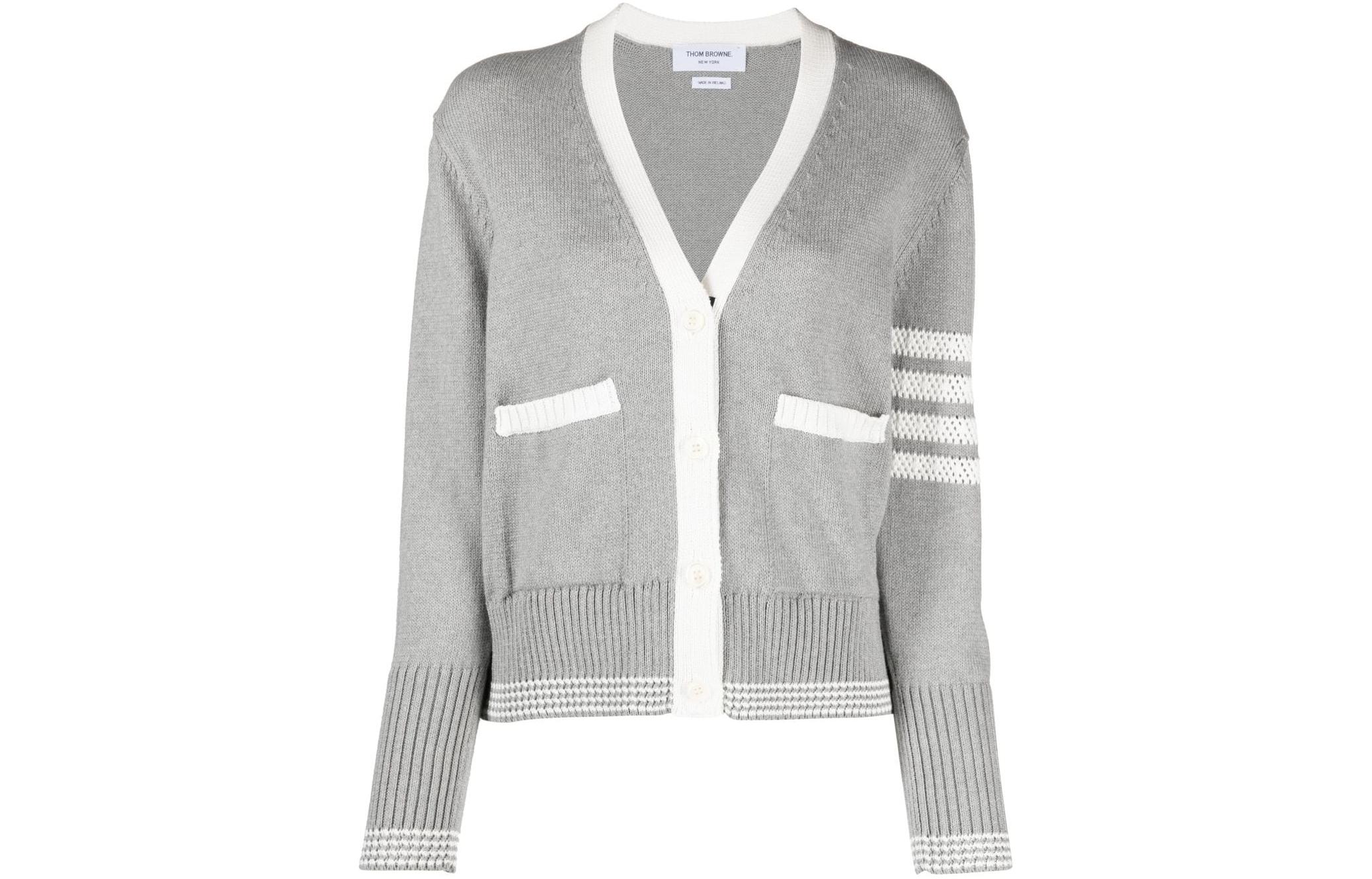 (Women) THOM BROWNE  Gray V-Neck Stripe Knit Cardigan Sweater FKC568A-Y3017-055 圖 2
