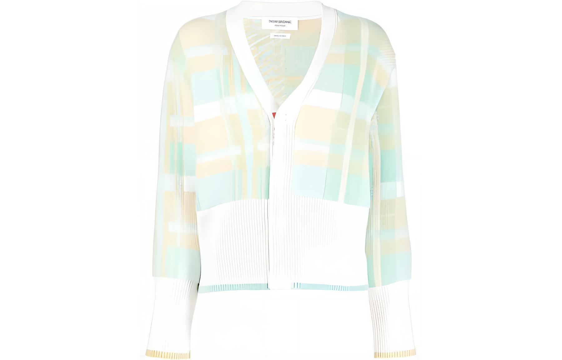 (Women) Thom Browne  Green Colorblock Plaid Knit Cashmere Cardigan Sweater. FKC500A-Y2001-330