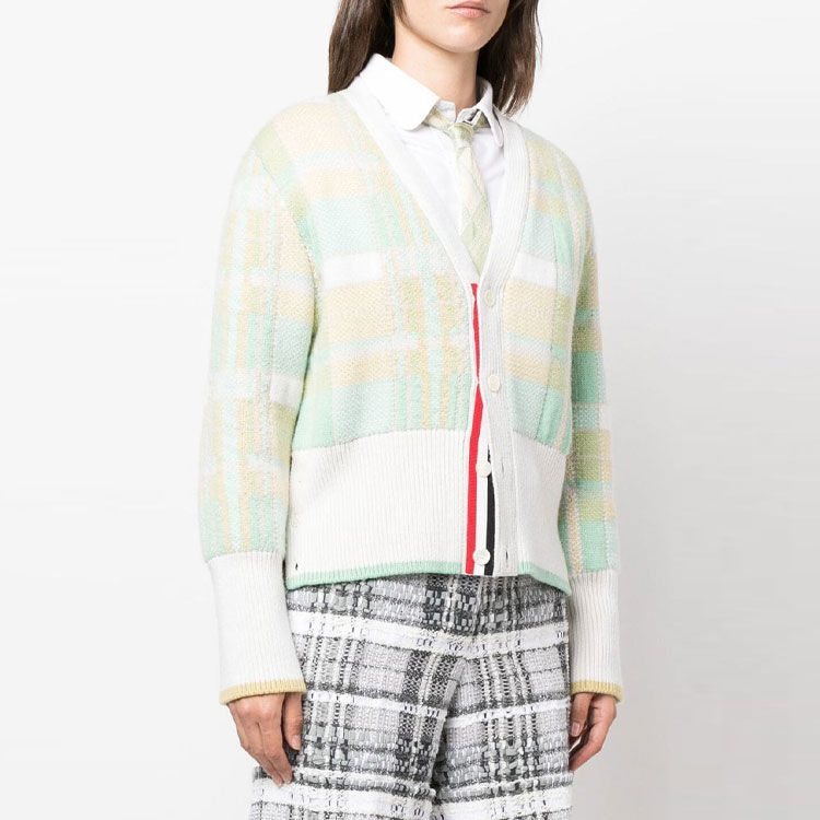 (Women) Thom Browne  Green Colorblock Plaid Knit Cashmere Cardigan Sweater. FKC500A-Y2001-330 圖 5