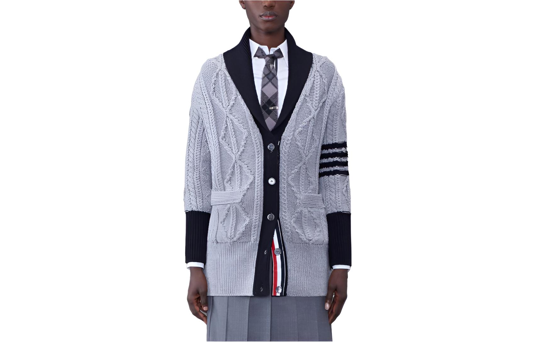 (Women) THOM BROWNE  Grey 4-Bar Shawl Collar Merino Cardigan Sweater. FKC544B-Y1024-055