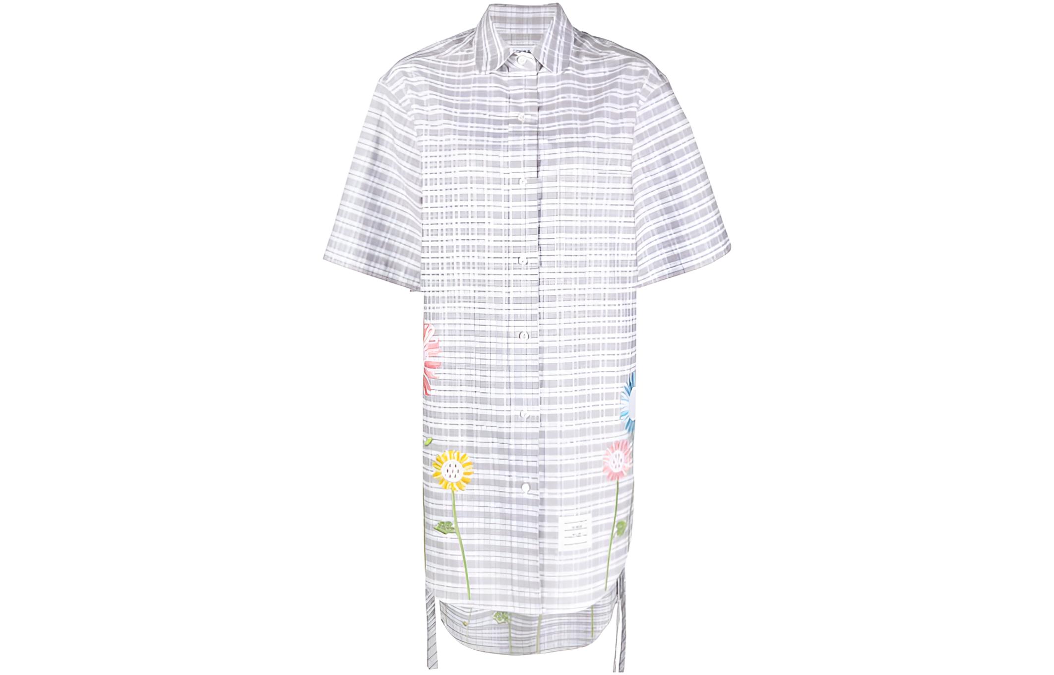(Women) THOM BROWNE  Grey Floral Plaid Shirt Dress Short Sleeve Long Style FDSD91E-E0344-035
