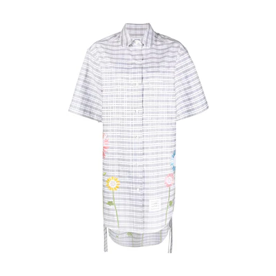 (Women) THOM BROWNE Grey Floral Plaid Shirt Dress Short Sleeve Long Style FDSD91E-E0344-035