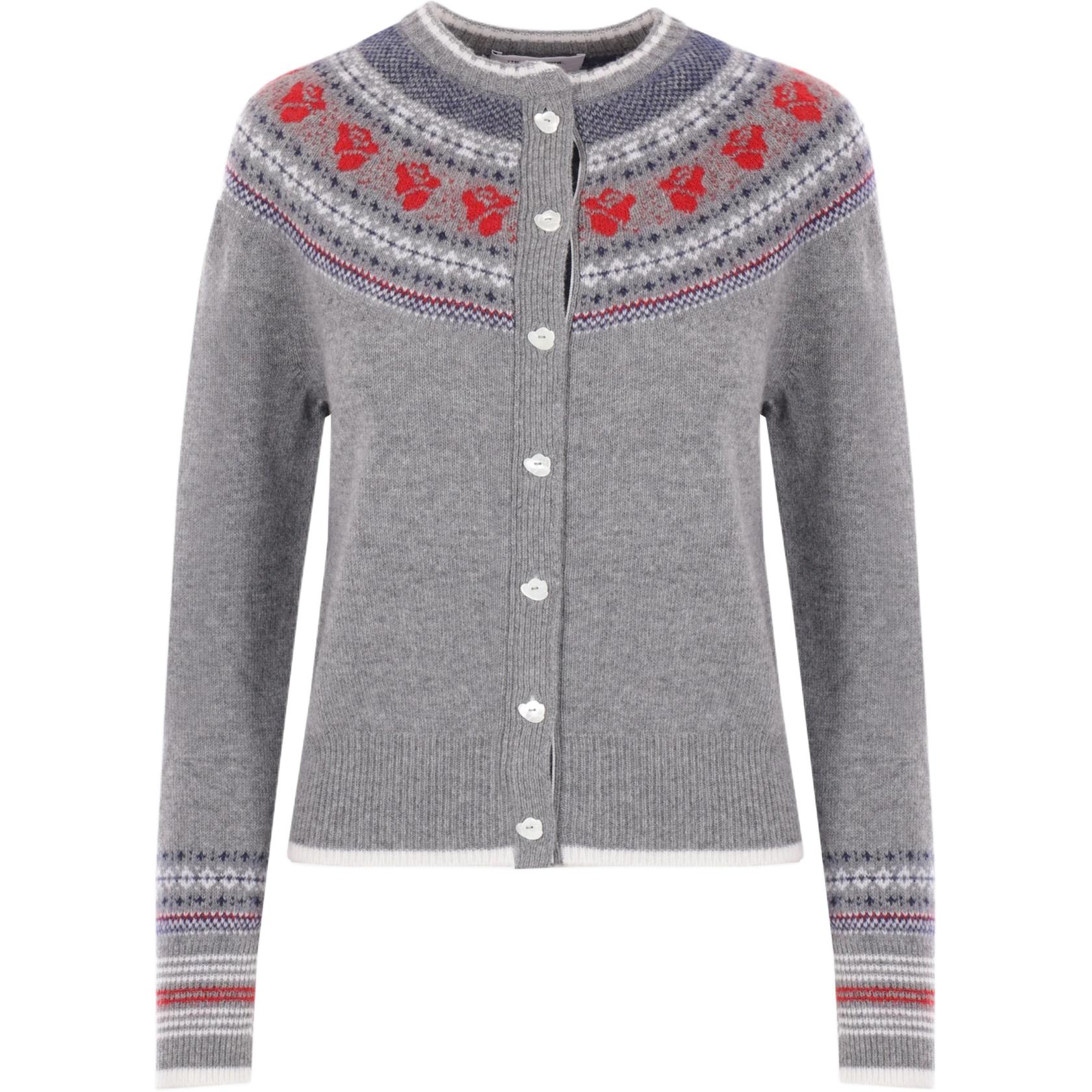 (Women) Thom Browne  Grey Knit Cardigan with Pattern Print and Crew Neck. FKC596A-Y1029-055