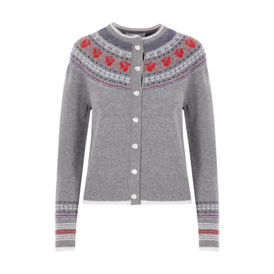 (Women) Thom Browne Grey Knit Cardigan with Pattern Print and Crew Neck. FKC596A-Y1029-055