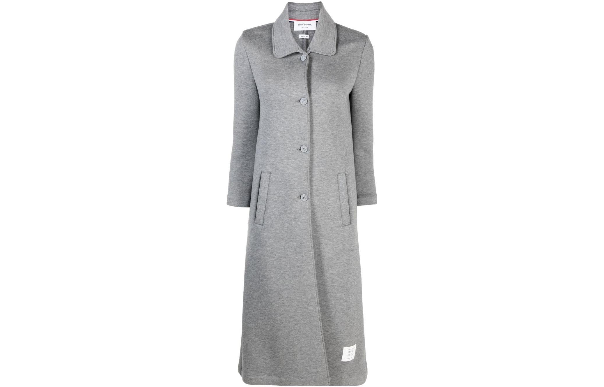 (Women) THOM BROWNE  Grey Single-Breasted Long Coat with Notched Collar. FJT283AJ0059035