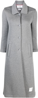 (Women) THOM BROWNE Grey Single-Breasted Long Coat with Notched Collar. FJT283AJ0059035 Buy (Women) THOM BROWNE Grey Single-Breasted Long Coat with Notched Collar. FJT283AJ0059035