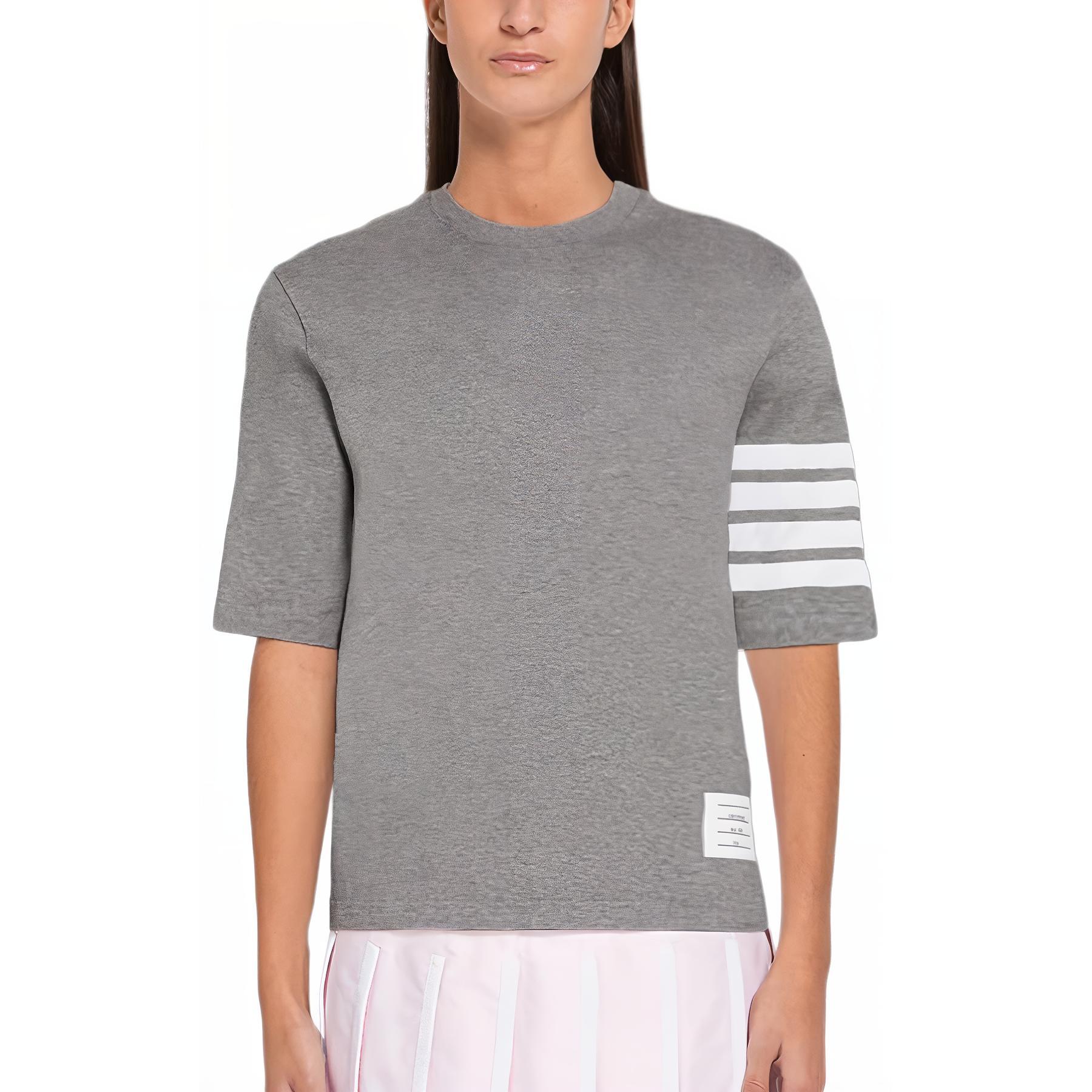 (Women) THOM BROWNE  Grey SS24 Four-Stripe Relaxed Short Sleeve T-Shirt. FJS102G-07862 055