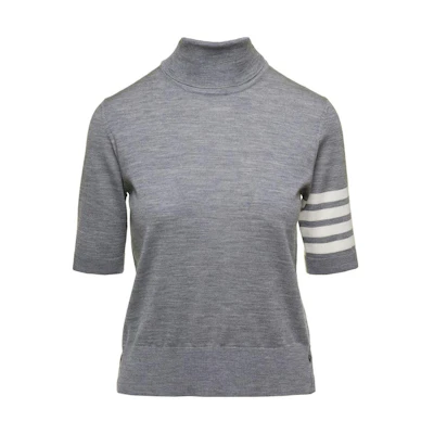 (Women) Thom Browne Grey Stripe Print High-Neck Short-Sleeve Crop Top. FKA434AY1014055
