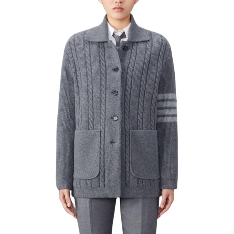 (Women) Thom Browne  Grey Striped Collar Button Long Sleeve Knit Sweater FKJ097A-Y1019-035