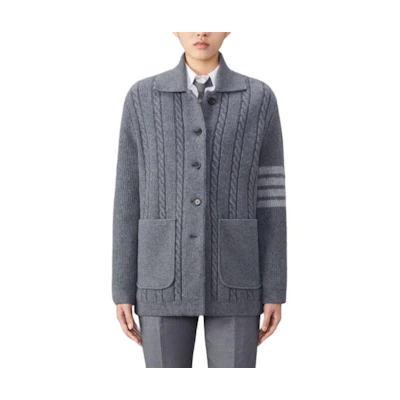 (Women) Thom Browne Grey Striped Collar Button Long Sleeve Knit Sweater FKJ097A-Y1019-035