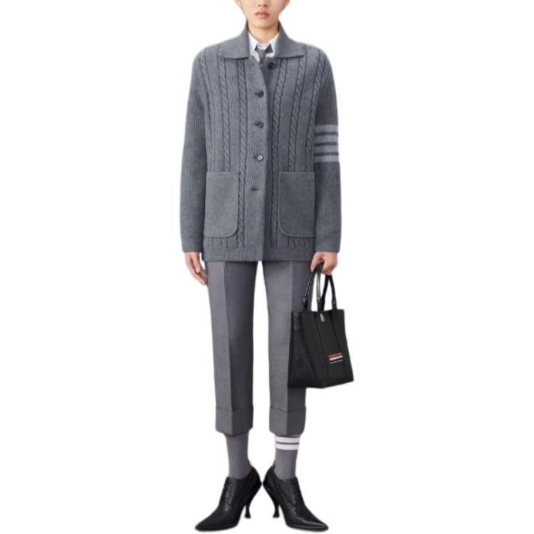 Shop (W) Thom Browne Kelabu Jalur Kolar Baju Butang Lengan Panjang Knit Sweater FKJ097A-Y1019-035