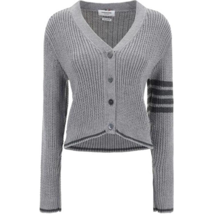 (Women) Thom Browne  Grey Striped V-Neck Slim Fit Button Cardigan Sweater. FKC588A-Y1024-055