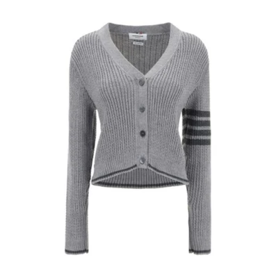 (Women) Thom Browne Grey Striped V-Neck Slim Fit Button Cardigan Sweater. FKC588A-Y1024-055