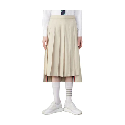 (Women) Thom Browne Khaki Pleated Academy Style Midi Skirt with Zipper Closure. FGC400U-04502-250