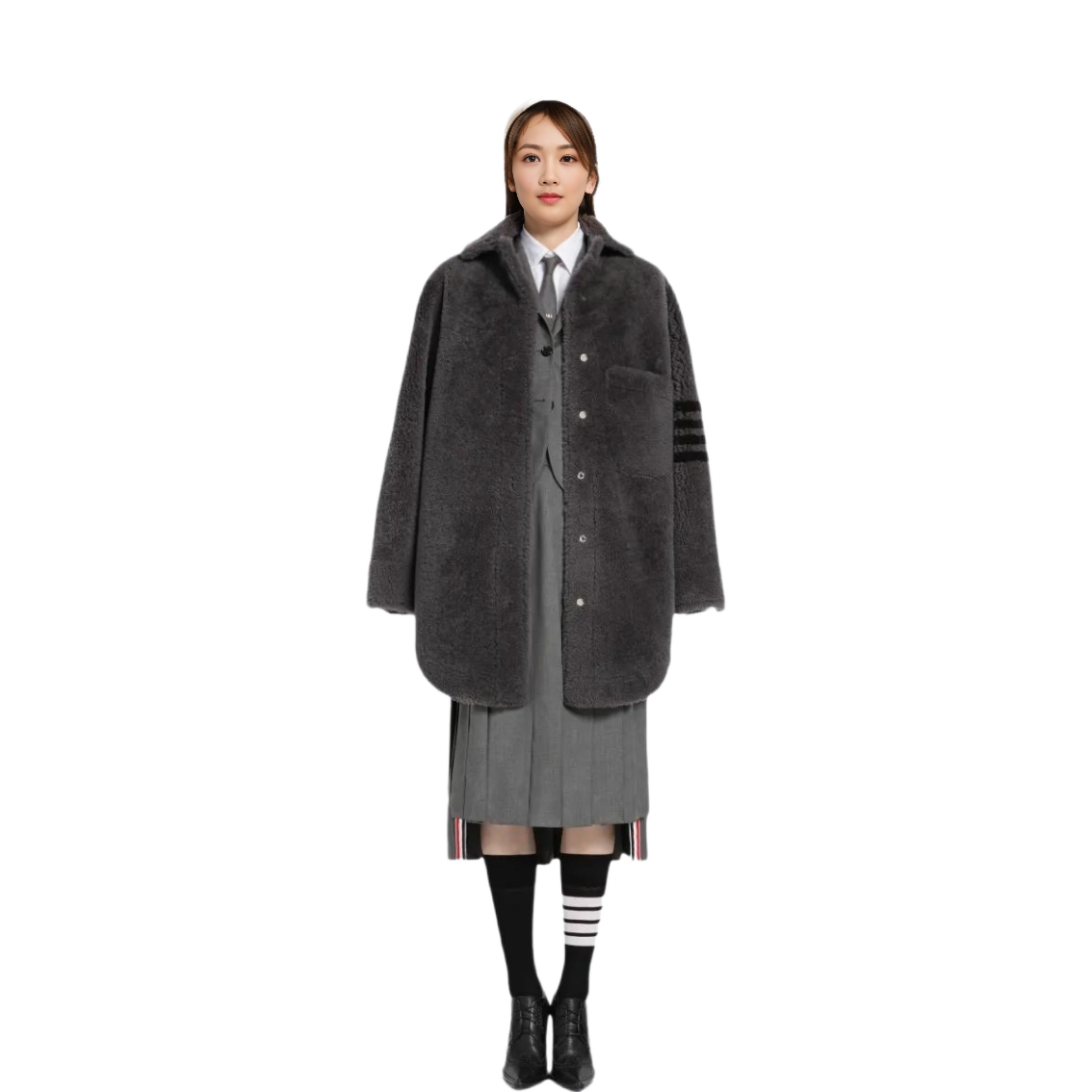 Order (W) 톰 브라운 라이트 그레이 4바 플러시 루즈핏 셔츠 자켓 FDSD74C-02821-025