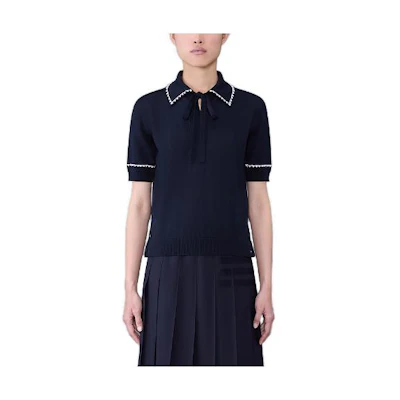 (Women) THOM BROWNE Lightweight Solid Knit Short Sleeve Polo Shirt. FKP096E-Y4501