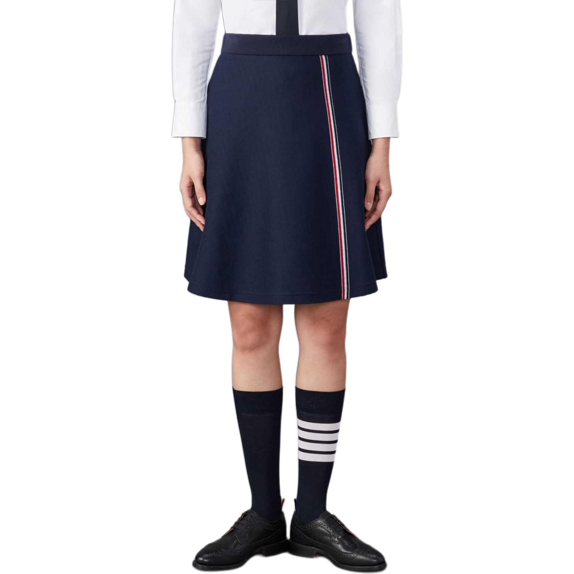 (Women) THOM BROWNE  Navy Blue Striped Cotton Flared Casual Midi Skirt. FJK118A-J0139-415