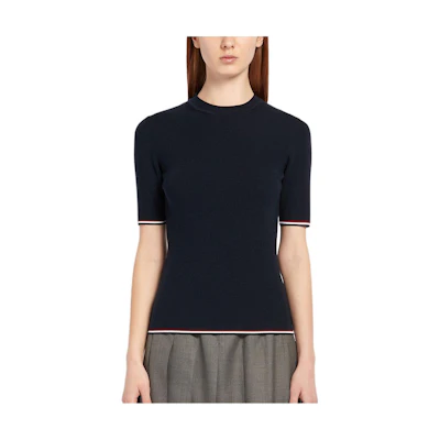 (Women) Thom Browne Navy Blue Striped Knit Crop Short Sleeve Top. FKA234A-00014-415