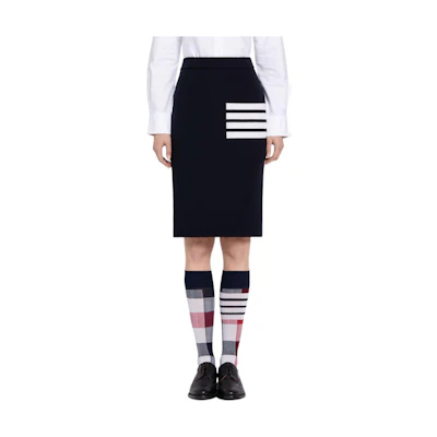 (Women) Thom Browne Navy Wool Skirt with Four-Stripe High Street Style. FKK061A-00014-415