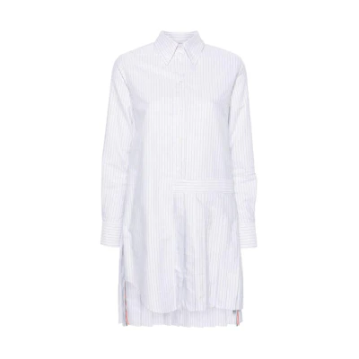 (Women) Thom Browne Pleated Side-Slit Stripe Shirt Dress Long Sleeve White. FDSD34A-F0510-035