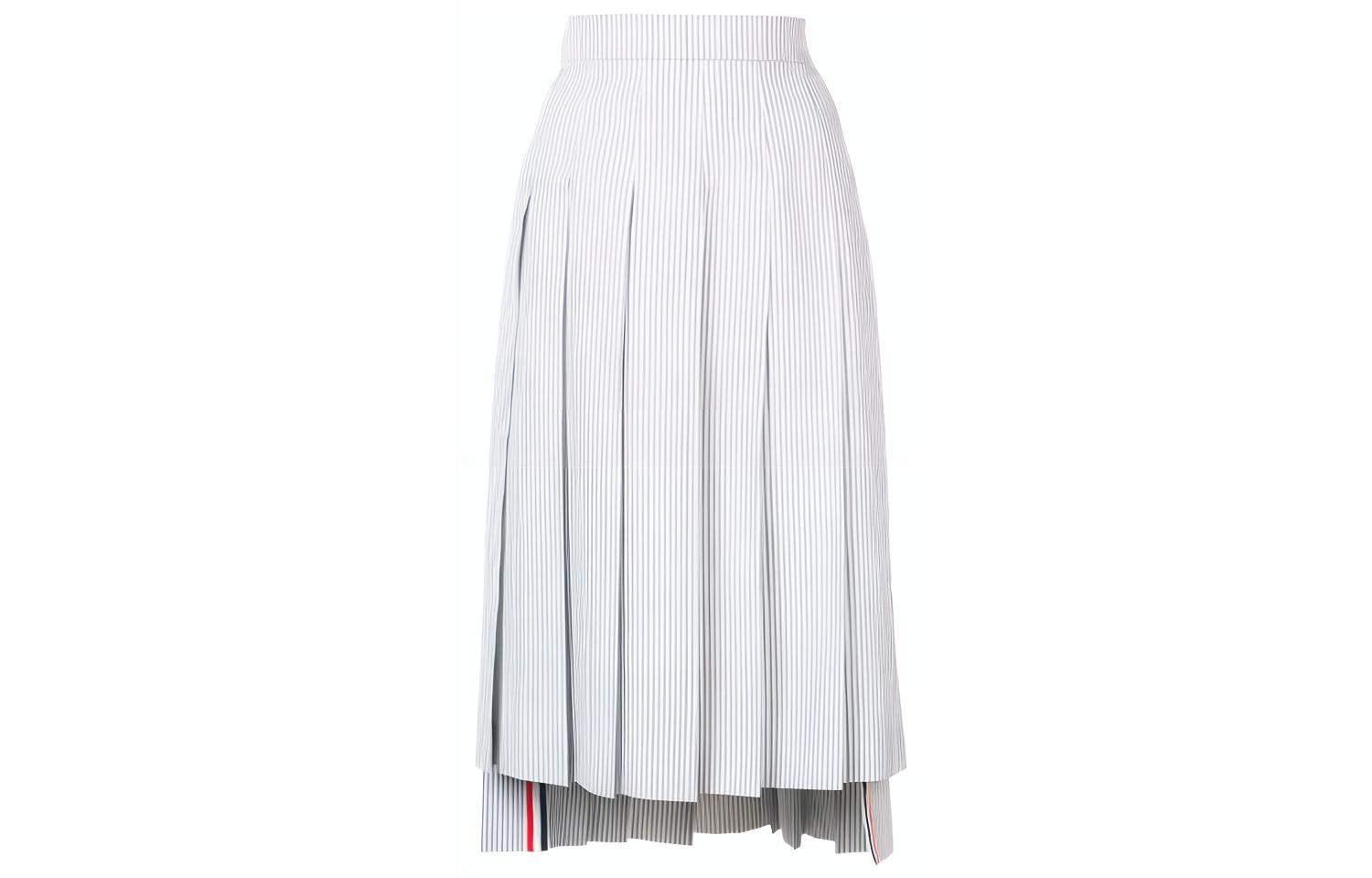 (Women) THOM BROWNE  Seersucker Striped Asymmetric Pleated Maxi Skirt. FGC400A-00572-035