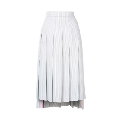 (Women) THOM BROWNE Seersucker Striped Asymmetric Pleated Maxi Skirt. FGC400A-00572-035