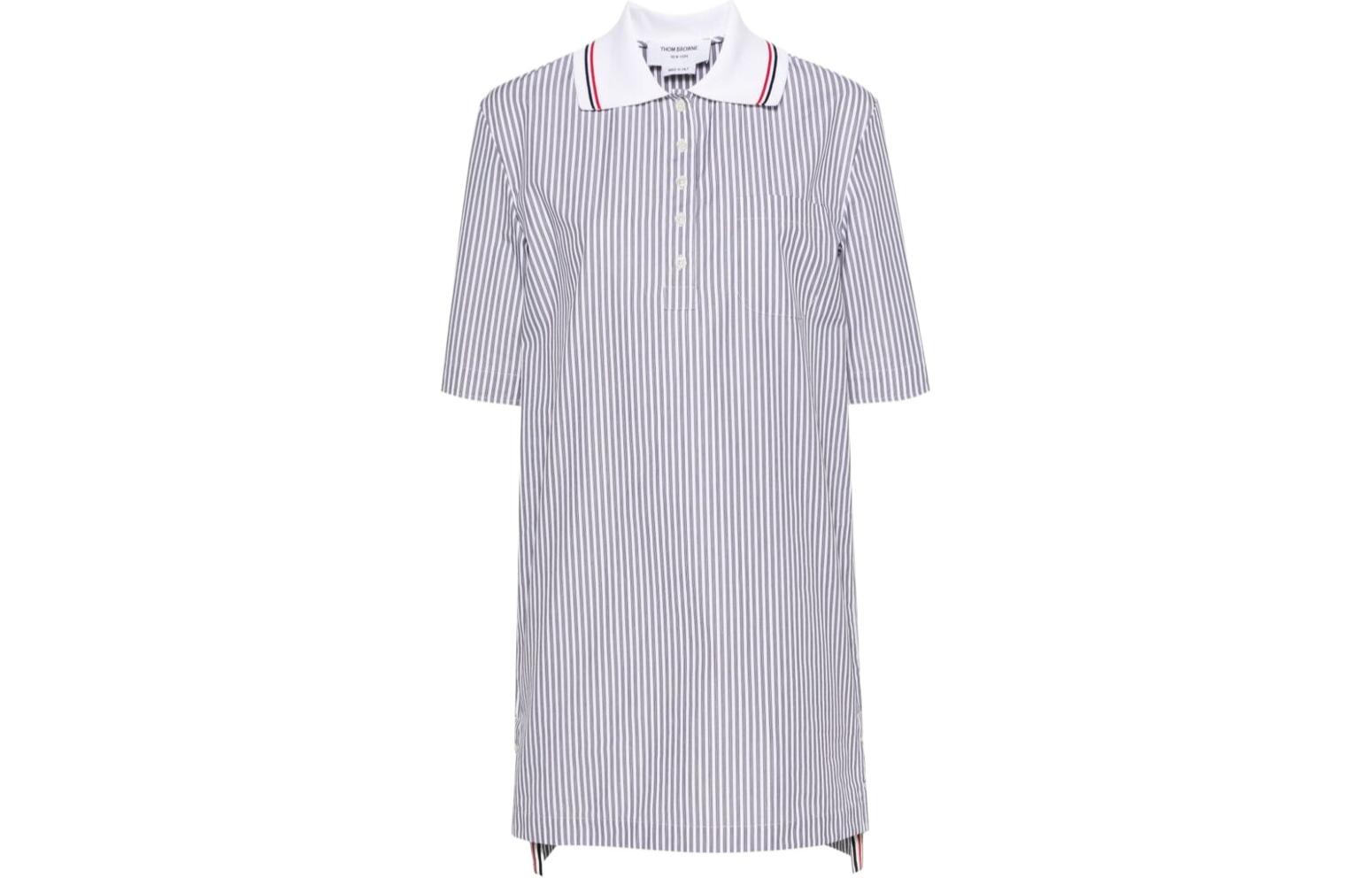 (Women) THOM BROWNE  Short Sleeve Button-Up Striped Mini Dress Blue FDSE68A-F0577-415