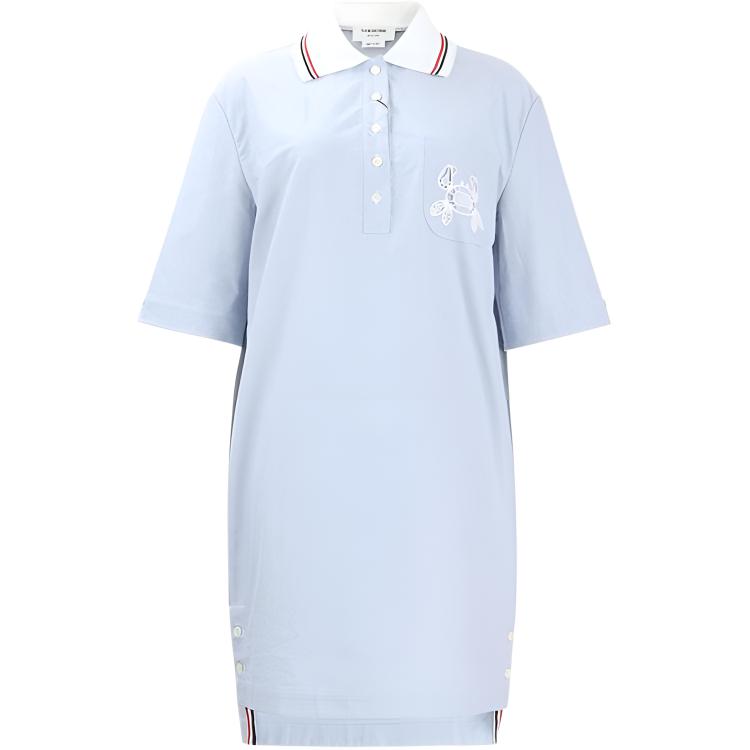 (Women) THOM BROWNE  Striped Print Button-Down Short Sleeve Dress in Light Blue. FDSE68E-E0908-480