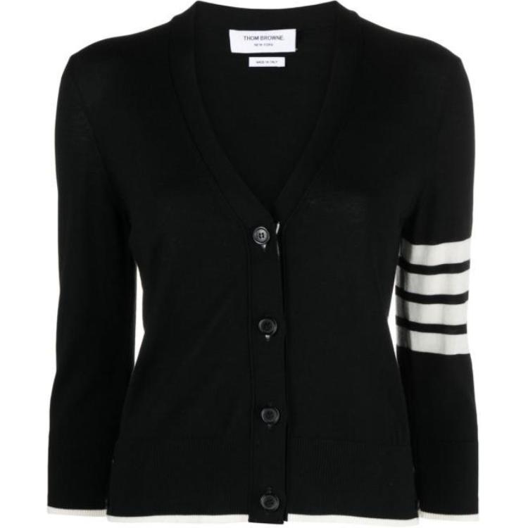 (Women) Thom Browne  Striped V-Neck Long Sleeve Button-Up Shirt Black FKC334D-Y1014-001