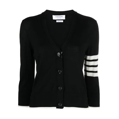(Women) Thom Browne Striped V-Neck Long Sleeve Button-Up Shirt Black FKC334D-Y1014-001