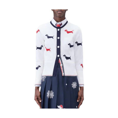 (Women) Thom Browne White Animal Pattern Crewneck Knit Long Sleeve Sweater FKC555B-Y3006-100