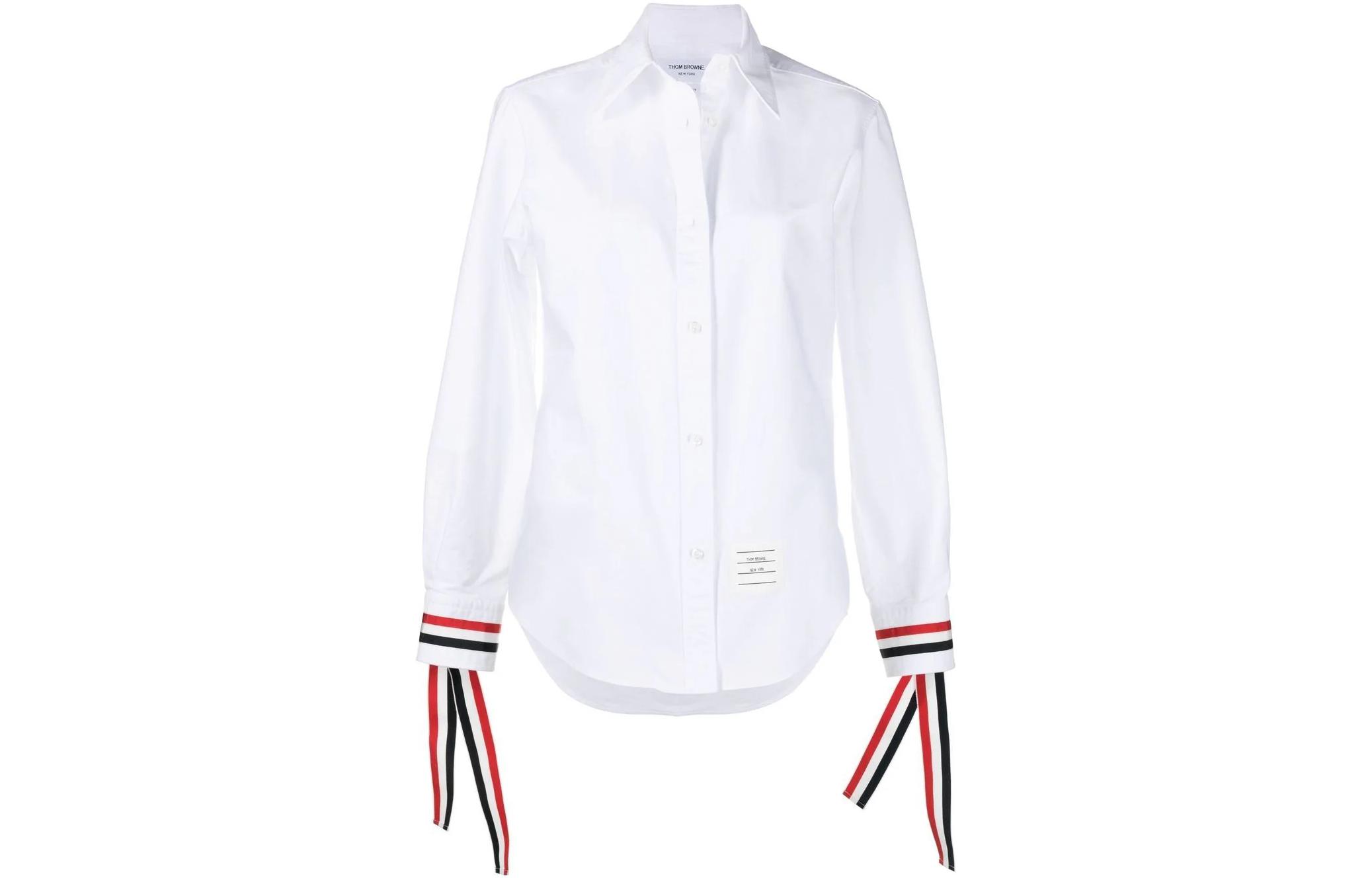 (Women) THOM BROWNE  White Button-Up Shirt with Stripe Print and Pointed Collar FLL156A-F0313-100