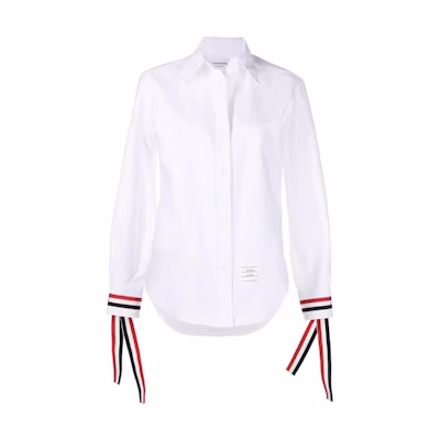 (Women) THOM BROWNE White Button-Up Shirt with Stripe Print and Pointed Collar FLL156A-F0313-100