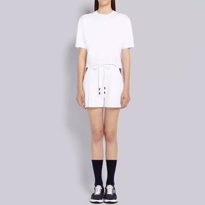 (W) トム ブラウン ホワイト カジュアルショーツ ソリッドジャカードストライプ付き FKQ004A-Y5501-100 Purchase (W) トム ブラウン ホワイト カジュアルショーツ ソリッドジャカードストライプ付き FKQ004A-Y5501-100