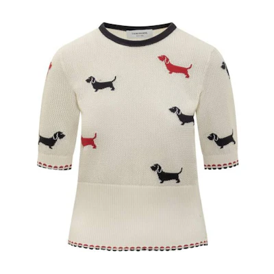(Women) THOM BROWNE White Dog Embroidery Knit Short-Sleeve Sweater. FKA444B-Y3006-100