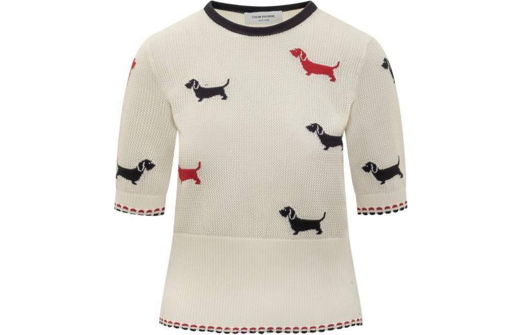 (Women) THOM BROWNE  White Dog Embroidery Knit Short-Sleeve Sweater. FKA444B-Y3006-100 圖 2