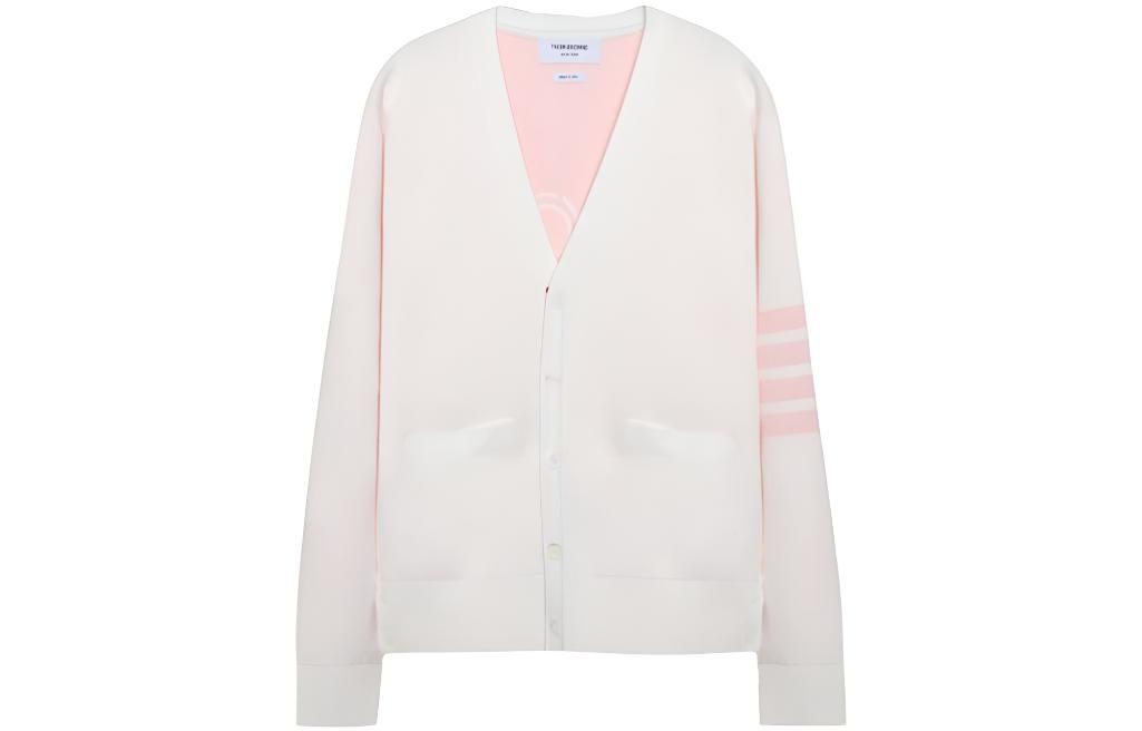 (Women) THOM BROWNE  White Pink V-Neck Cardigan with Stripe Detail. MKC406A-Y3006-100