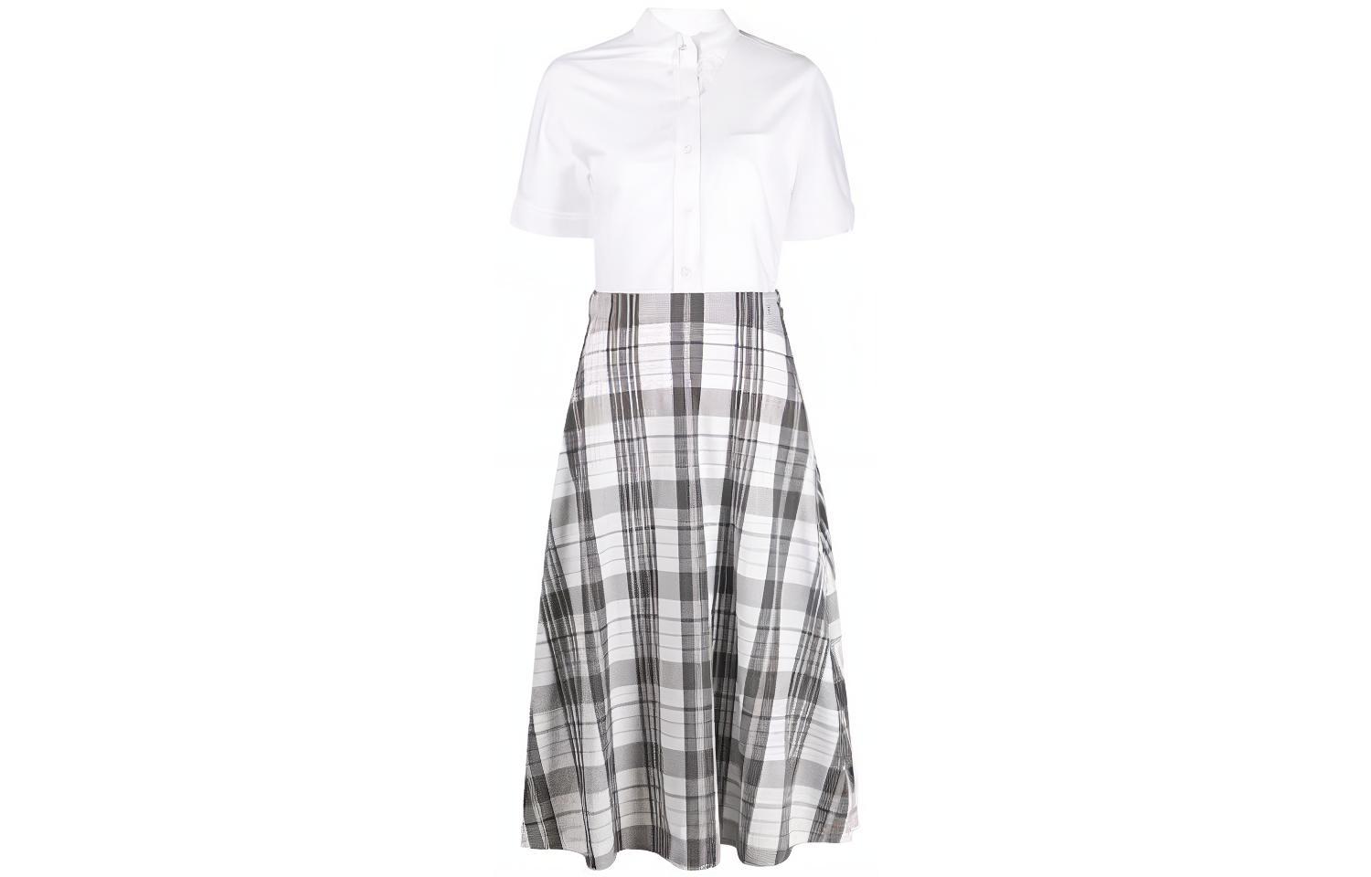 (Women) Thom Browne  White Plaid Hem Mid-Length Short Sleeve Dress FDSD84C-F0171-035