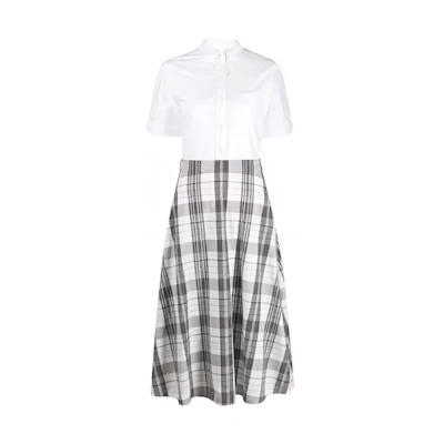 (Women) Thom Browne White Plaid Hem Mid-Length Short Sleeve Dress FDSD84C-F0171-035