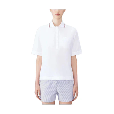 (Women) Thom Browne White Polo Shirt with Stripe Collar Detail. FTU419A-00572-100
