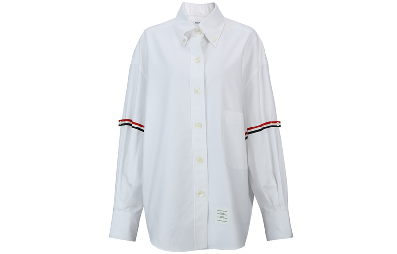 (Women) THOM BROWNE  White RWB Striped Satin Point Collar Long Sleeve Shirt. FLL079E-06177-100